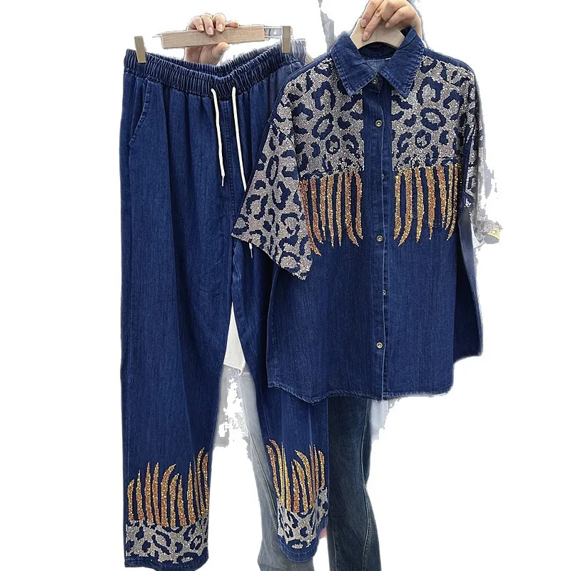 Fashion Spring Summer Women Two-piece Set Hot Diamonds Leopard Short Sleeve Denim Cardigans Top + Elastic Waist Wide Leg Jeans view 5