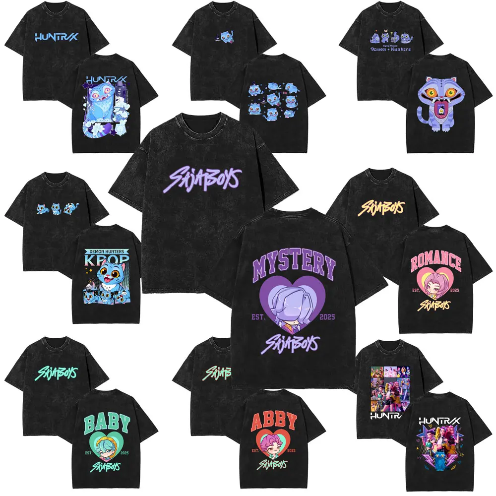 

Movie KPop Demon Hunters Washed Vintage T-shirt Rumi Mira Zoey Saja Boys Derpy Tiger Tshirt Men Women Fashion Oversized T Shirts