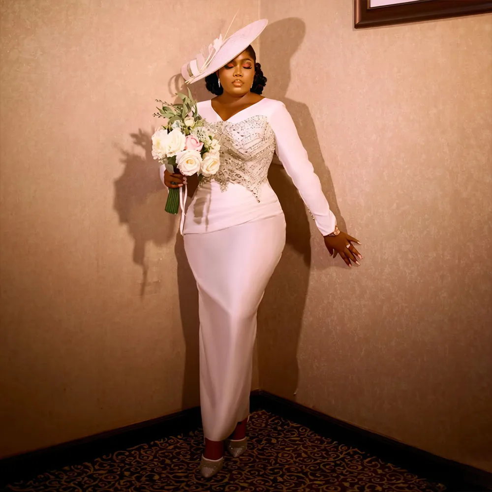 Luxury Civil Weddings Dresses for African Bride Appliques Long Sleeve V Neck Ankle Length White Satin Bridal Gowns Customized