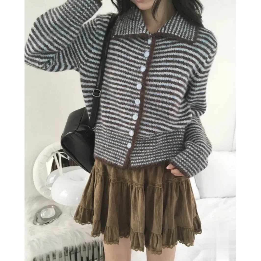 

Женский шикарный свободный крой, мягкий вязаный свитер, осень-зима, полосатый цвет, блузка с воротником-стойкой, длинный топ све