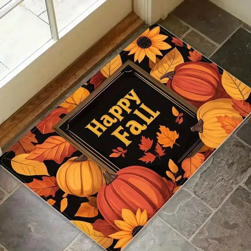 VIKAMA Black Happy Season Pumpkin Sunflower Foliage Welcome Mat Grip Backed Floor Covering Thanksgiving Salutations Decor Soft