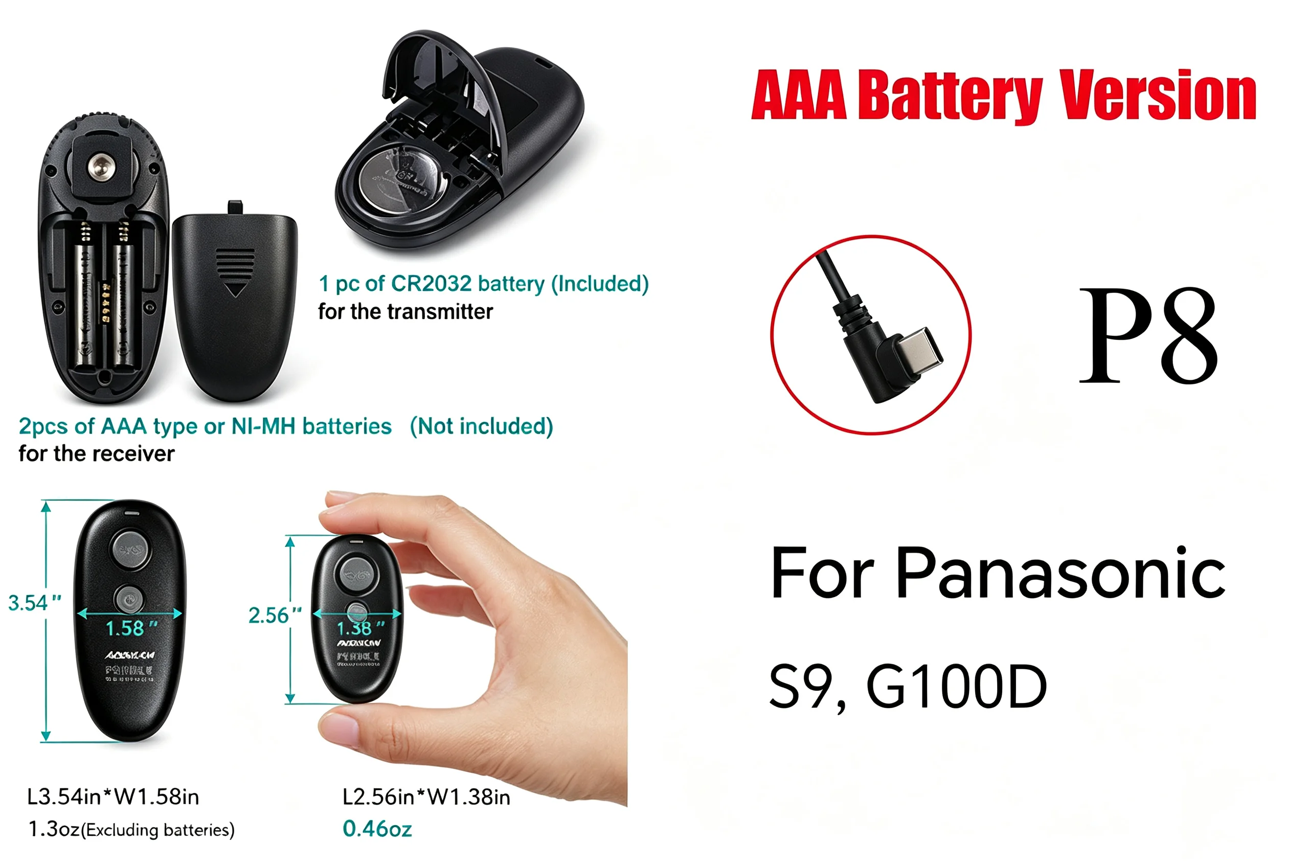 2,5 mm naar USB-C voor Panasonic S9, G100D, ZS99; Camera-afstandsbediening voor ontspanknop, autofocus, enkelvoudige opname, continue opname, opname met vertraagde opname, opname met lampfunctie