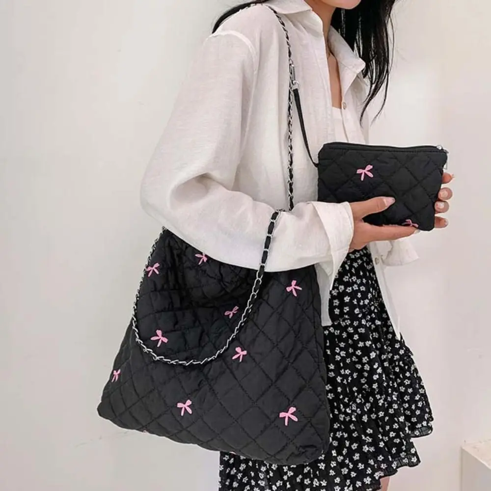 Korean Style Space Cotton Underarm Bag Bow Printing Large Capacity Rhombic Lattice Handbag Shoulder Bag Solid Color