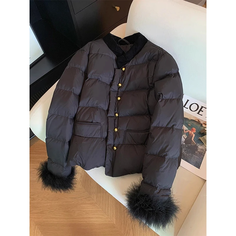 韓国ファッション黒ショートパーカー女性フェイクファーパッチワークパファージャケット冬ダウンコートレディース綿パッド入りアウターウェア