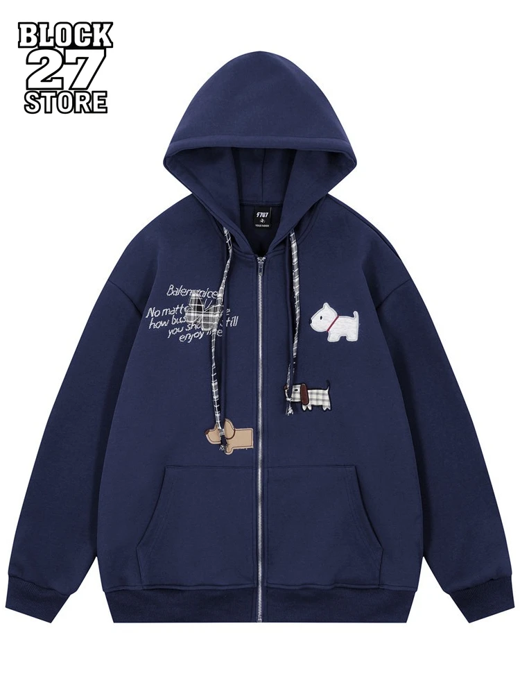Mens Hoodie Cartoon Dog Patch Embroidery Streetwear Zip Sweatshirt American Style Loose Fit Hooded Jacket Casual Autumn Winter