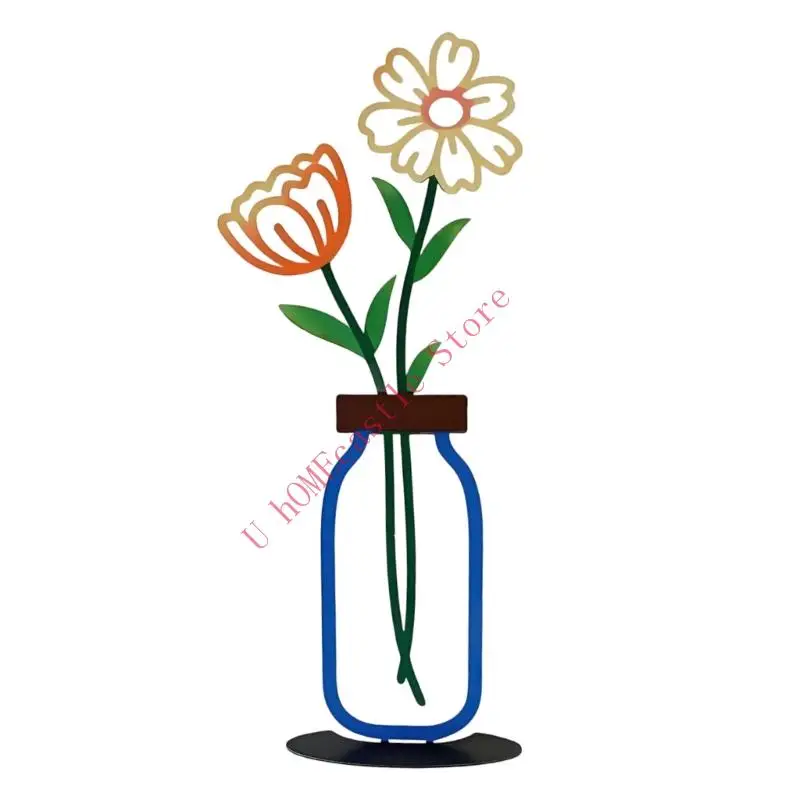 63HF Metal Flower Vase Art Sculptures Modern Farmhouse Home Decors Metal Flowers Tabletop Decorations Housewarmings Gift