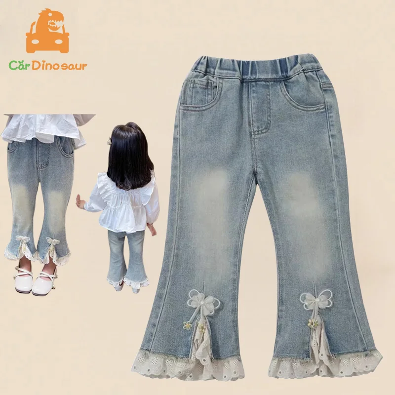 

Spring Fashion 2 3 4 6 8 10 Years Children Elastic Long Trousers Pants Lace Patchwork Wide Leg Flared Baby Kids Girl Denim Jeans