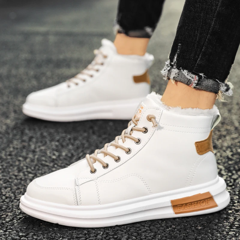 HKDQ Fur High Top Sneakers Men Winter Outdoor Warm Plus Velvet White Men\'s Casual Shoes Fashion Leather Lace-up Plush Shoes Man