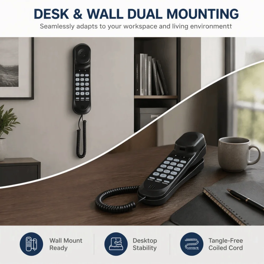 Large Buttons Corded Landline Phone Flash Mute Redial Black Color Wall Mountable Phone HD Sound Wall Mountable Design