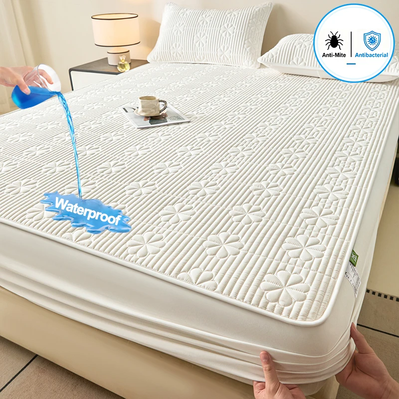 Waterproof Fitted Mattress Protector Four-Leaf Clover Quilted Anti-Mite Bed Pad Cover Antibacterial Noise-Free Home Bedroom Use