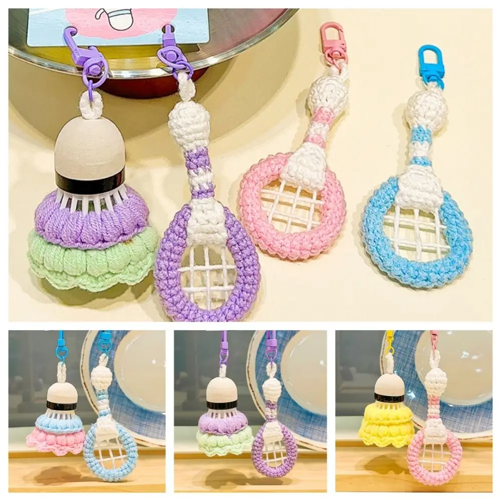 Soft Shuttlecock Knitted Badminton Keychain Funny Creative Badminton Racket Bag Pendant Keyring Battledore Hanging Accessory