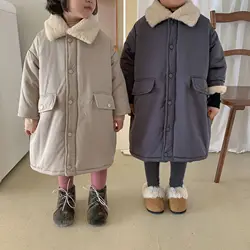 2025 Winter Girls Boys Thick Warm Fleece Long Jacket Baby Kids Children Pocket Coat Outerwear Two Colors