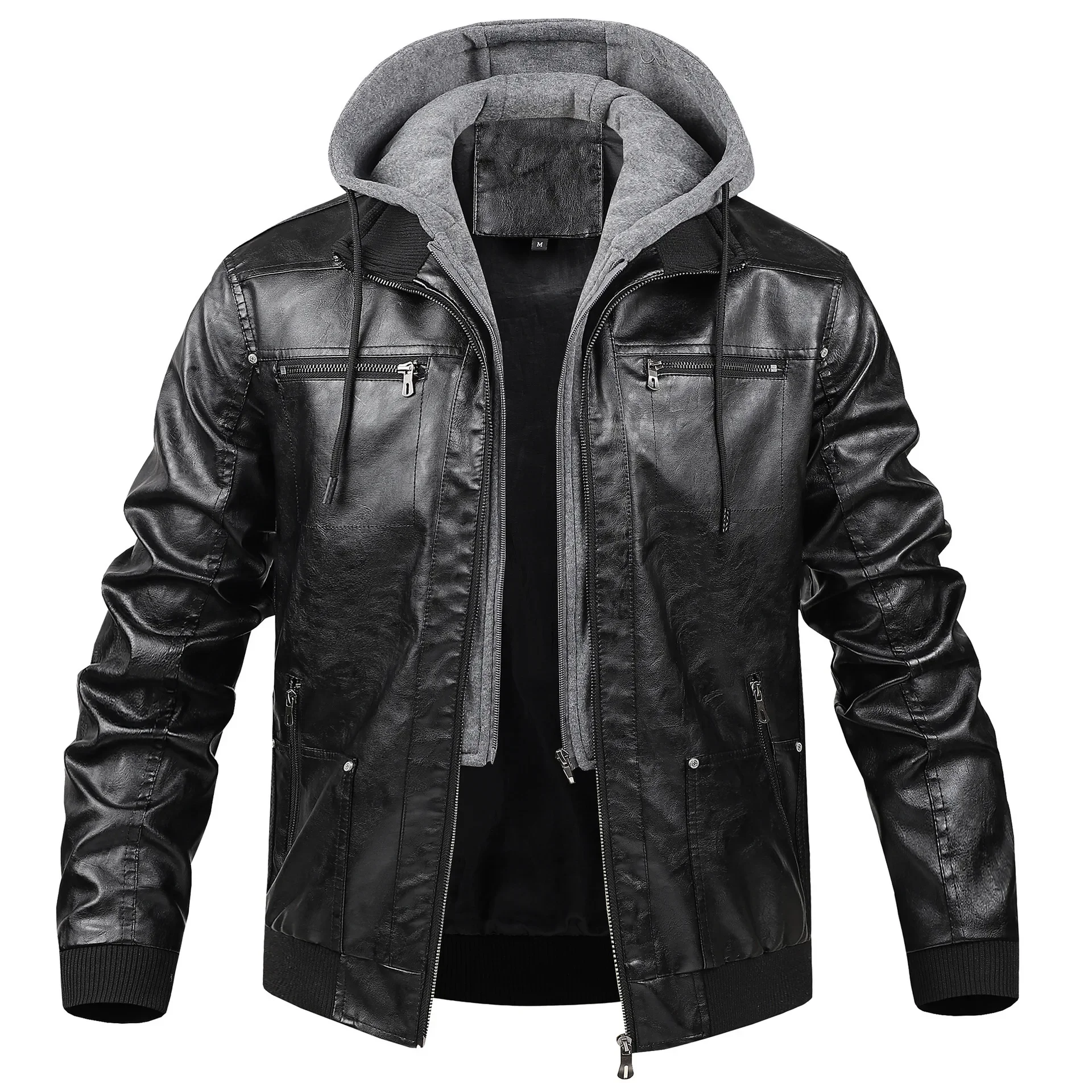 Luxury Quality PU Jacket Men New Winter Faux Two-Piece Hooded Leather Jacket Casual Coat