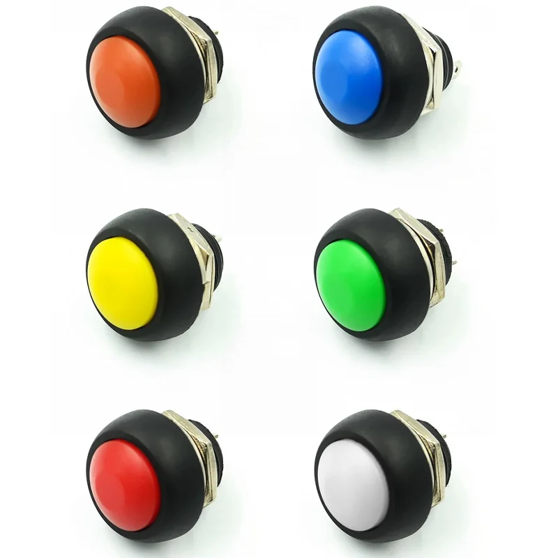 5pcs Small Waterproof Self-Reset Button Switch Round Unlocked Button PBS-33B Black and White Yellow Orange Blue Green Red 12mm