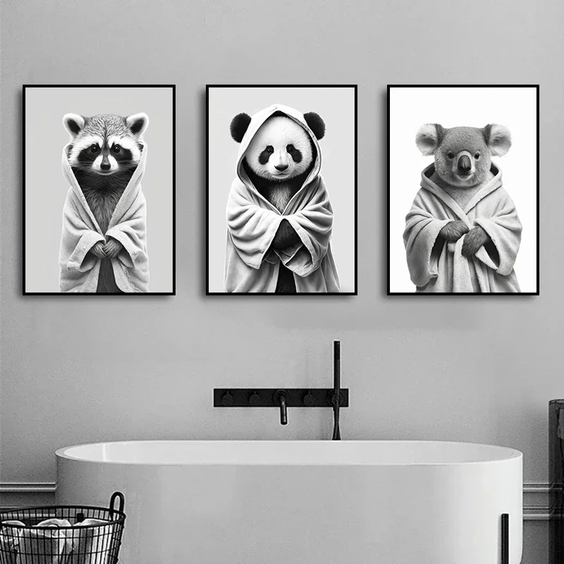 Funny Panda Monkey Tiger Wearing Bathrobe Cold Winter Animal Poster Canvas Painting Prints Art Mural Bathroom Toilet Home Decor