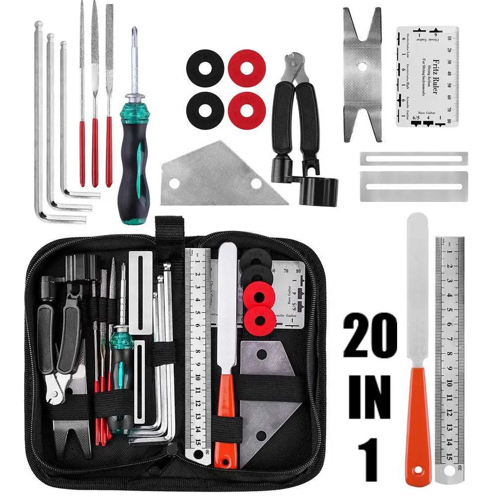 20PCS Practical Leveling Action Ruler Fret Sanding File Maintenance Tools Repairing Set Guitar Tools Kits 3 in 1 String Winder