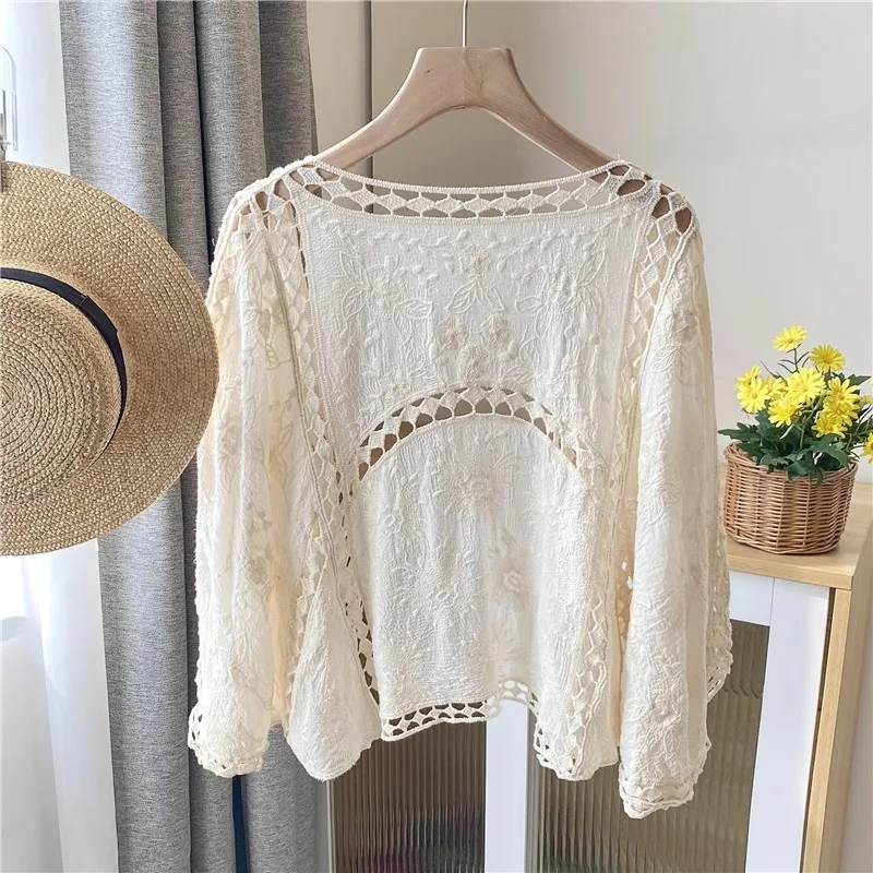 

Retro Bohemian Knitted Open Cardigan Women's Spring Summer Sun Protection Lace Hollow out Design Ethnic Vacation Style