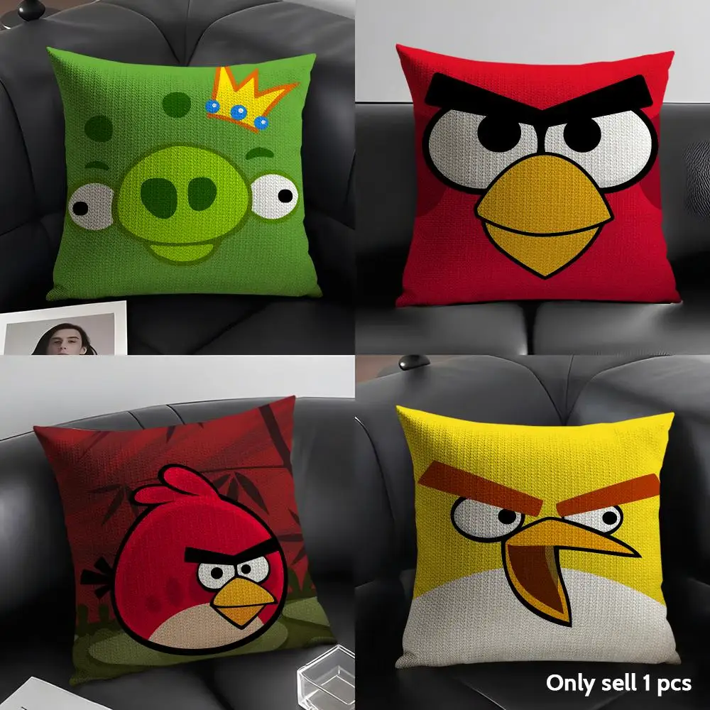A-Angry Birds Cushion Cover Natural Linen Organic Fabric Double-Sided Printing Breathable Perfect Gift For Decor