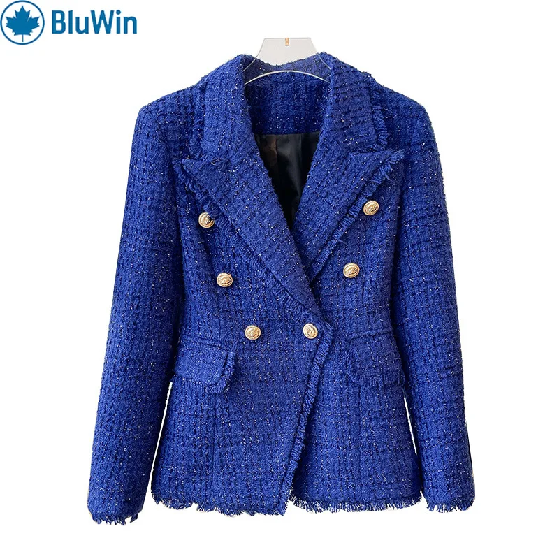 BluWin Women’s Royal Blue Tweed Blazer Double-Breasted Gold Buttons Slim Fit Notched Lapel Chic Office Suit Jacket