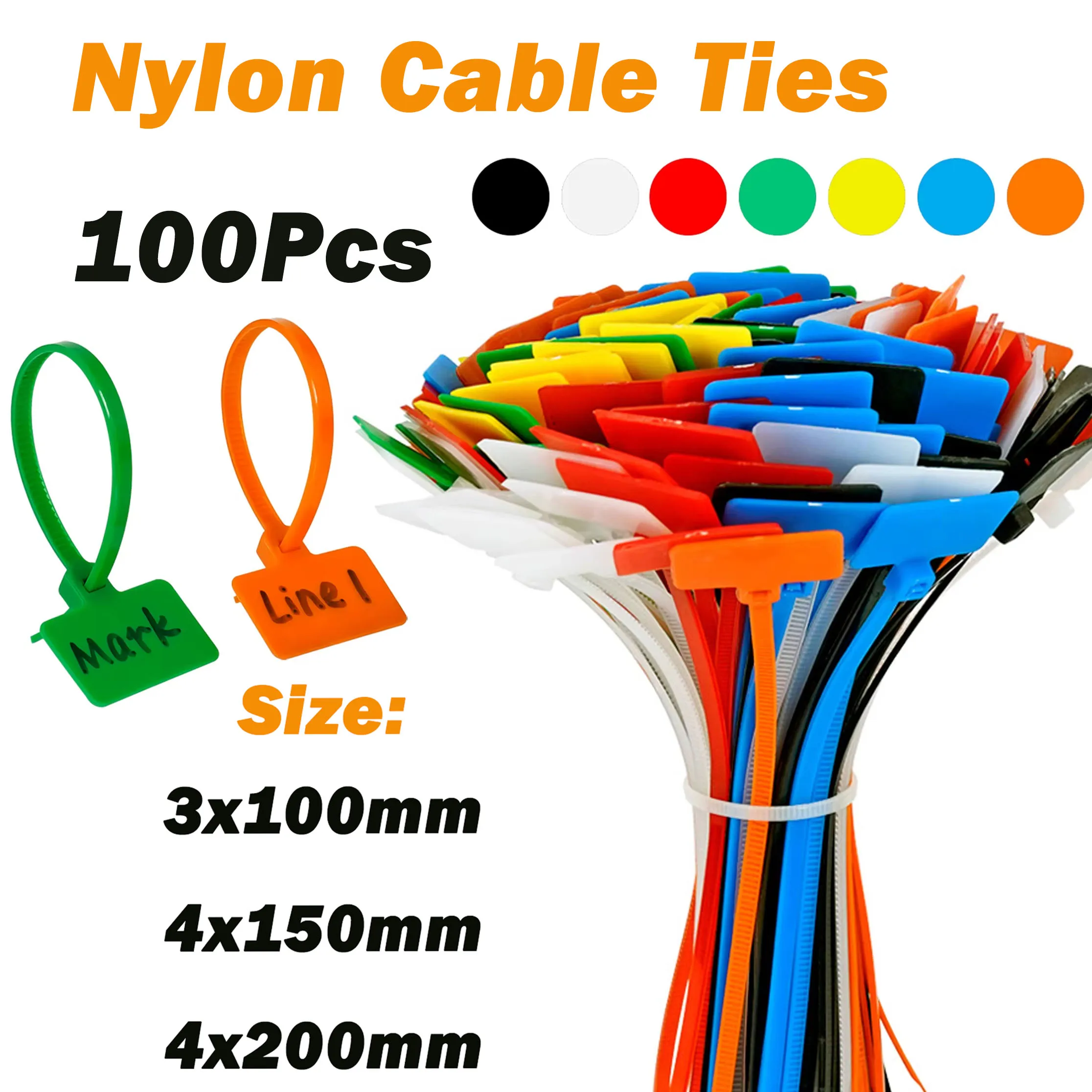 100Pcs 3x100mm 4x150mm 4x200mm Nylon Cable Ties Tag Labels Plastic Loop Ties Markers Cable Tag self-locking Zip Ties