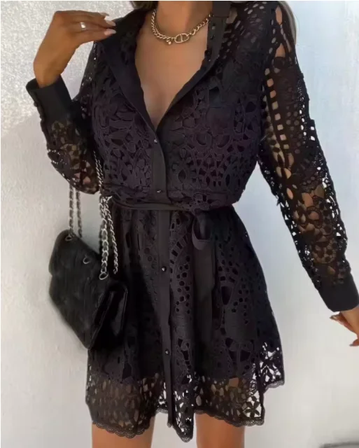 우아한 셔츠 여자 드레스 섹시 할로우 레이스 드레스 새로운 봄 가을 버튼 레이스 업 사무실 레이디 미니 드레스 여성 여성