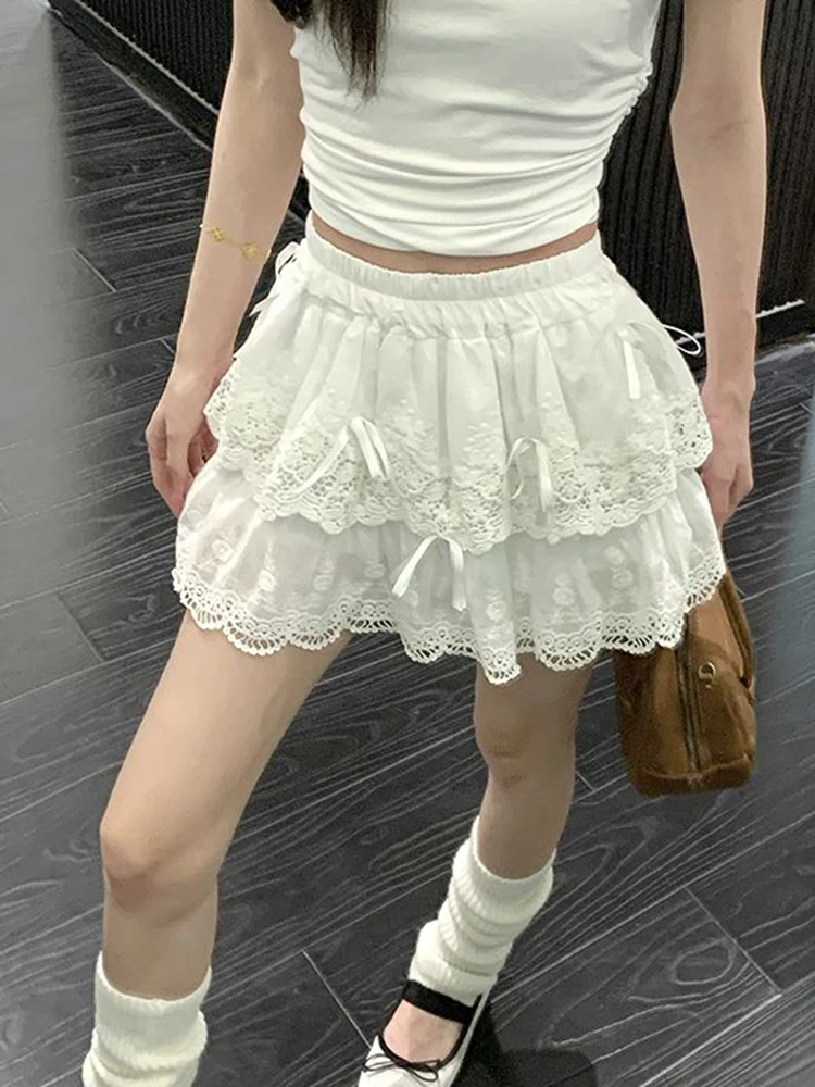 Zoki Cute Bow White Skirts Women Sweet High Waist Lace Patchwork Mini Skirt Korean Fashion Preppy Style Lady Elegant Cake Skirts