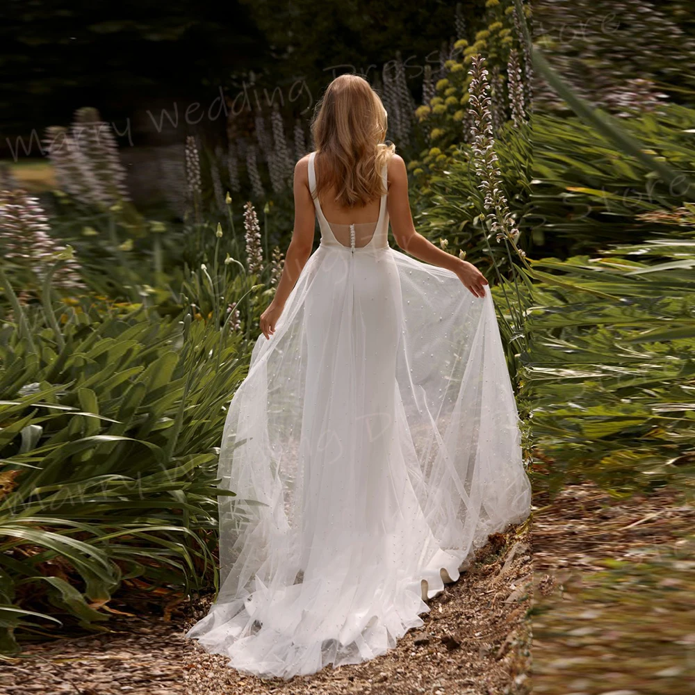 Vestidos de novia elegantes de sirena para mujer, vestidos de novia sin mangas con cuello en V profundo, vestido de tren desmontable