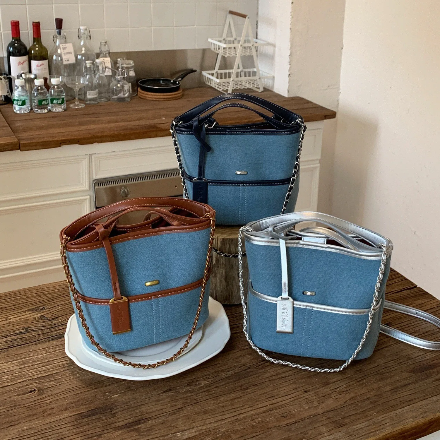 korean-style-casual-denim-chain-bag-women's-fashion-color-block-crossbody-bag-commuter-bag-with-zipper-inner-pocket