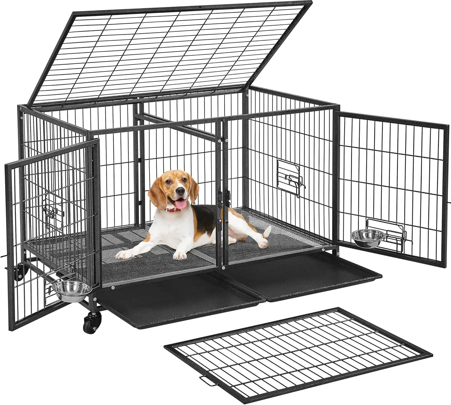 

Stackable Dog Crate with Divider 43'' Rolling Heavy Duty Dog Cage with Open Top/ 2 Removable Trays for Small/Medium Dog