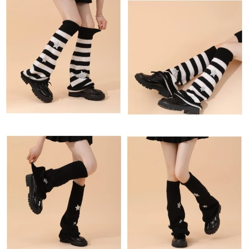 

Y2k вязаные гетры в полоску со звездами для женщин и девочек, свободные носки в стиле Лолиты, японские длинные носки в стиле Харадзюку JK