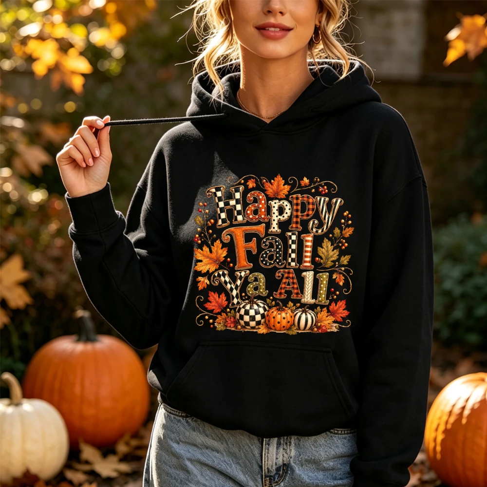 Happy Fall Ya All Printed Thanksgiving Sweatshirt Autumn Maple Leaves Plaid Pumpkin Graphic Hoodie Vintage Seasonal Clothes