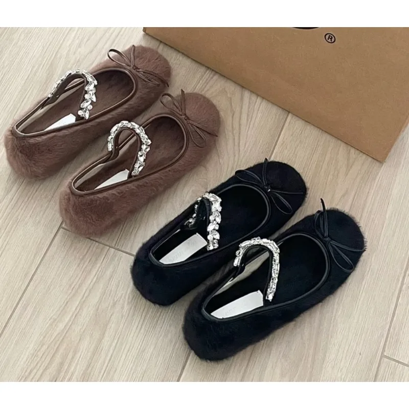 New Rhinestone Short Plush Ballet Flats Shoes Women Furry Fleece Mary Janes Diamonds Fluffy Warm Elegant Loafers Ladies Shoes