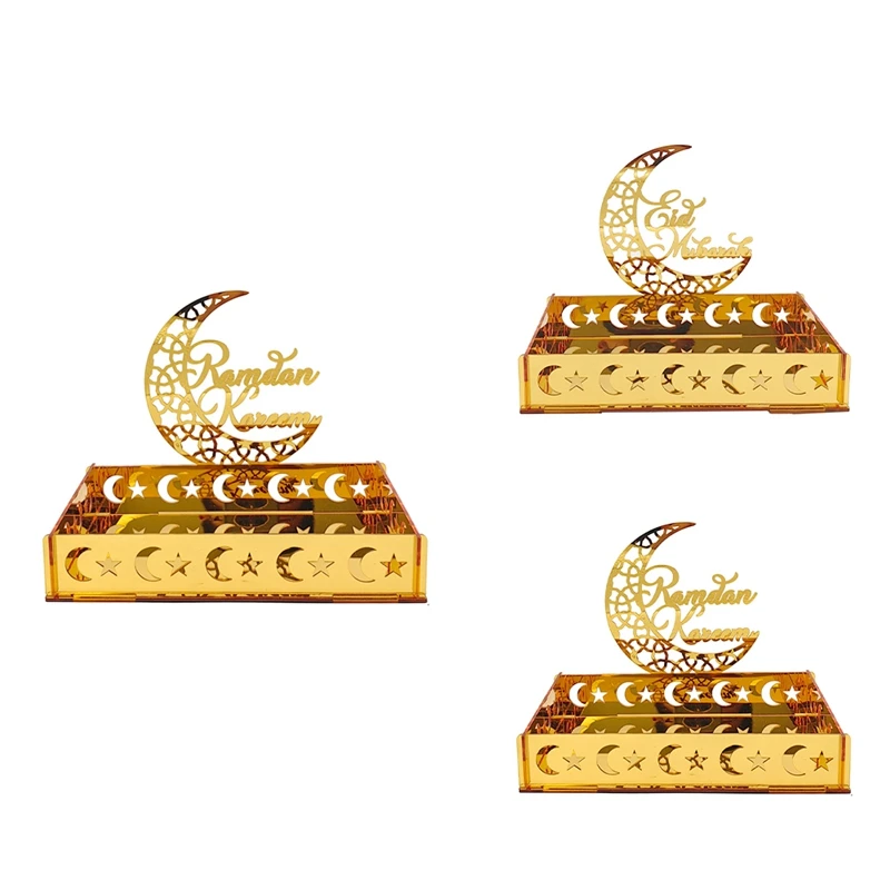 1 Piece Eid Mubarak Food Tray Gold Acrylic Moon Star Castle Islamic Muslim Festival Decor Gift,C