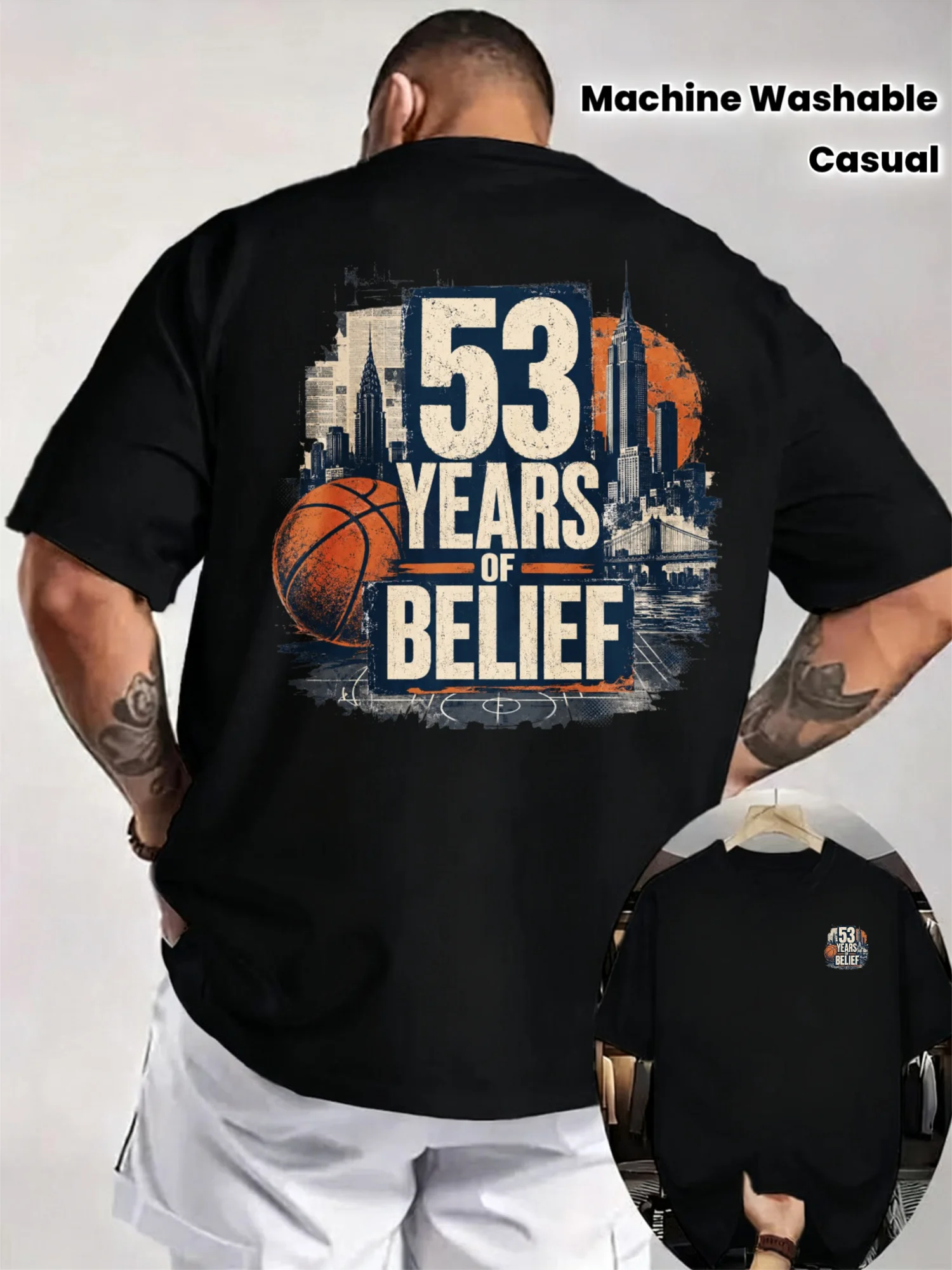 Men's New York City Skyline Basketball T-Shirt One - 53 Years of Faith Print, 100% Cotton Short Sleeve Crew Neck Casual T-Shirt with New York Skyline and Letter Badge for Outdoor,