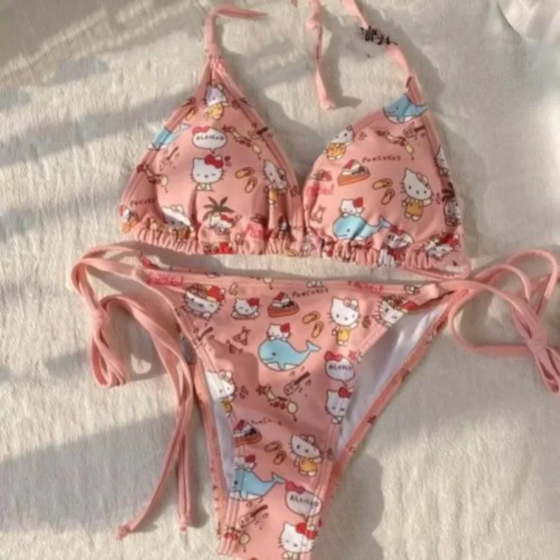 

New Sanrio Anime Hello Kitty Women's Pink Bikini Set Cute Cartoon Print Sleeveless Sexy Bikini Beach Vacation Swimming Set Gift