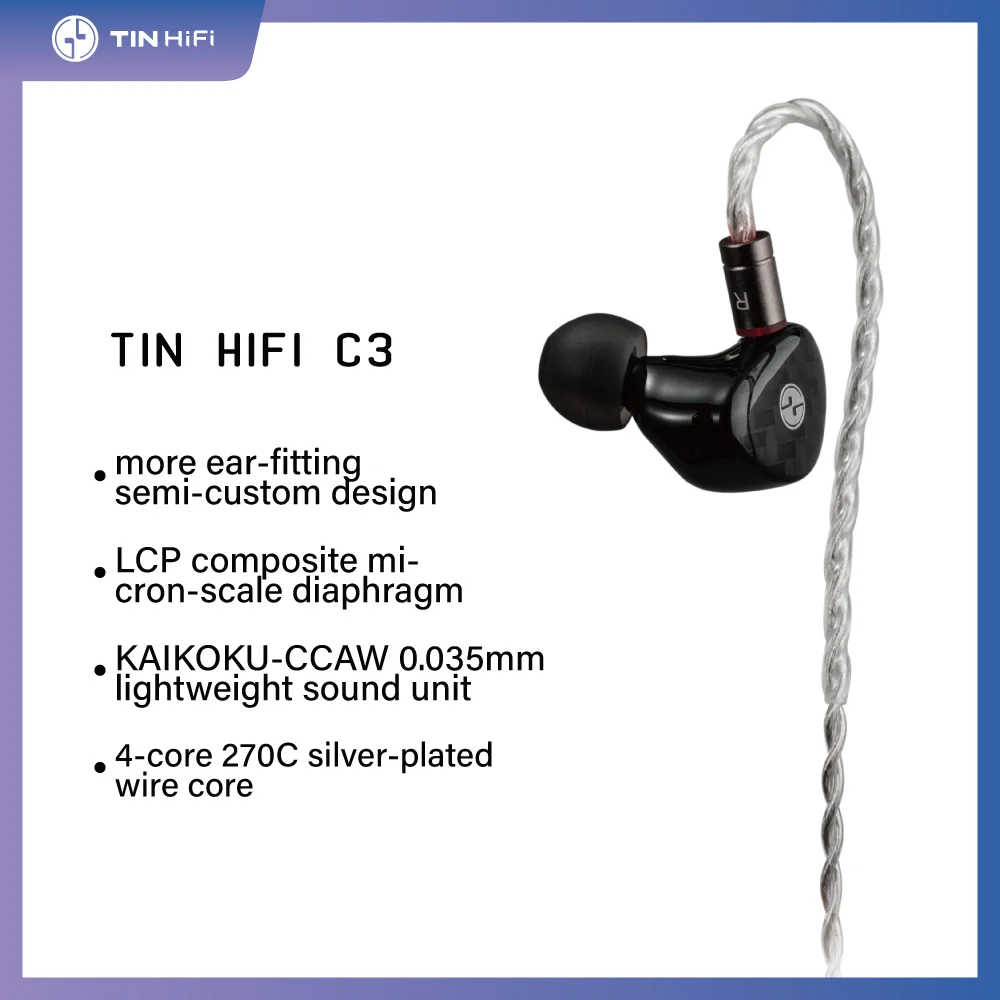 TINHIFI C3 Hifi In Ear IEMs Earphone LCP Superlinear Composite Diaphragm Monitors Headphones with 2pin Detachable Audio Cable