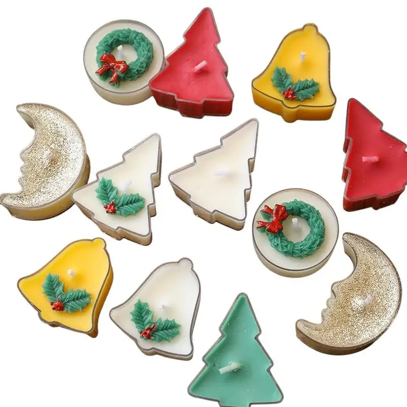 2Pcs Christmas Shaped Scented Candle Set Tree Bell Moon Wreath Design Smokeless Wax Candle For Holiday Party Table Decor