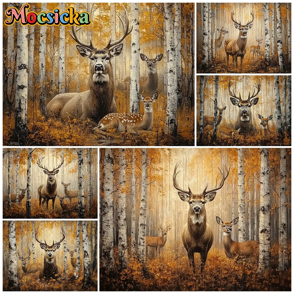 Mocsicka Autumn Birch Forest Deer Family Photography Backdrop Vintage Rustic Wooden Texture Elk Newborn Kid Christmas Background
