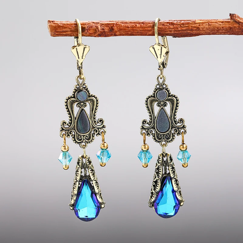 Vintage Luxury Wedding Earrings Blue Water Drop Crystal Tassel Earrings for Women Elegant Bride Engagement Jewelry Gifts