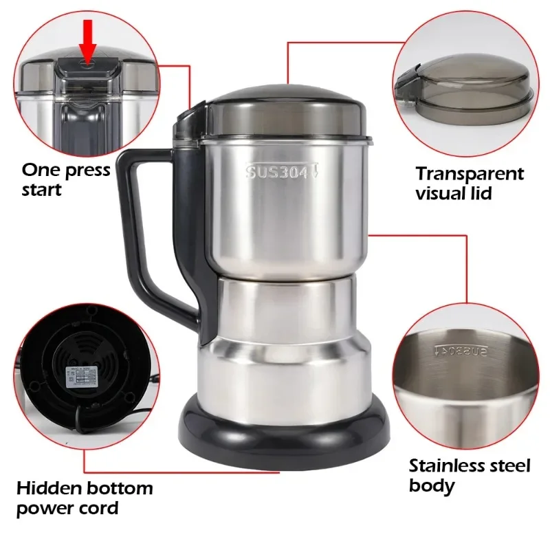 Grinder Household Mini Stainless Steel Electric Pulverizer Four Edged Blade 400W High Power Ultrafine Coffee Triturator