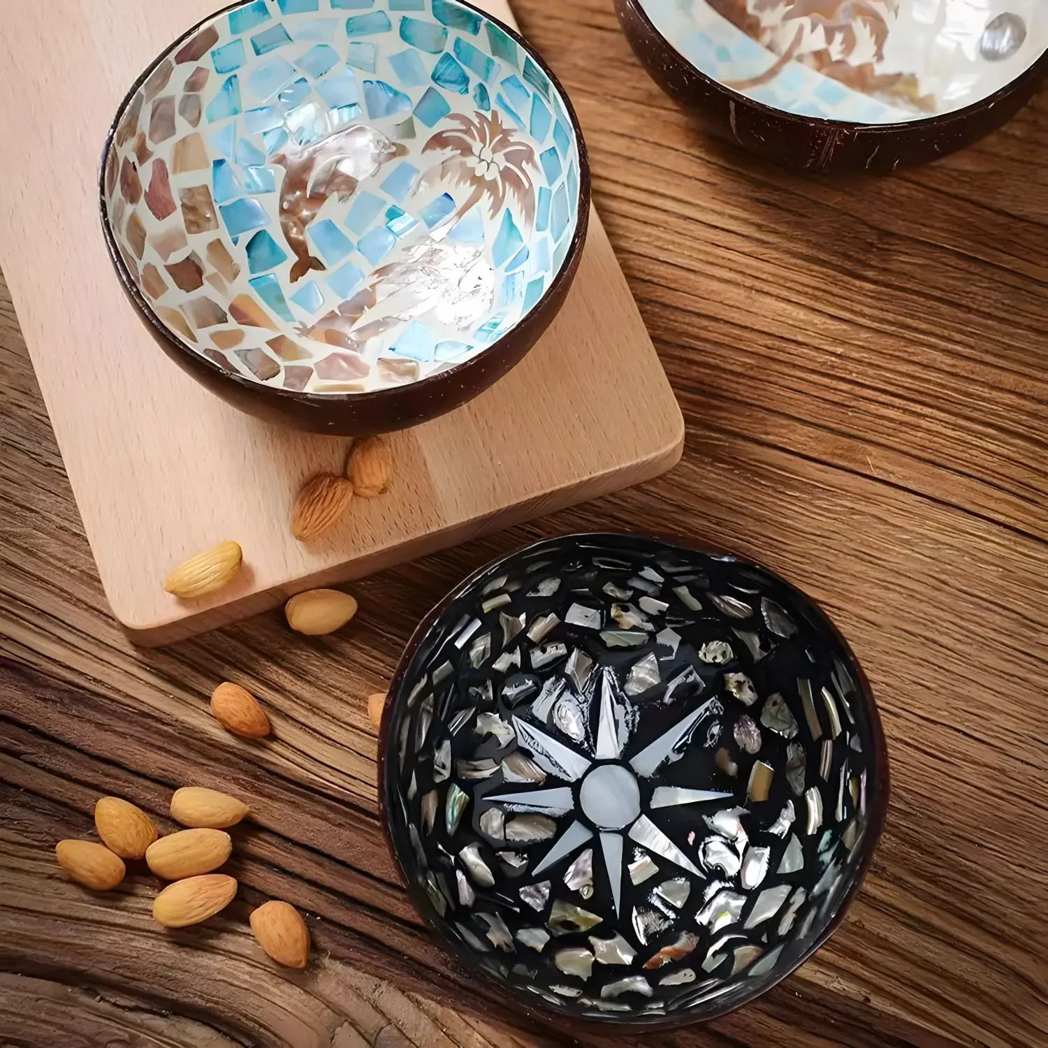 Handmade Alien Coconut Shell Bowl Inlaid Shells Wood Bowl Storage Salad Bowl Foyer Key Storage Tray Home Decoration