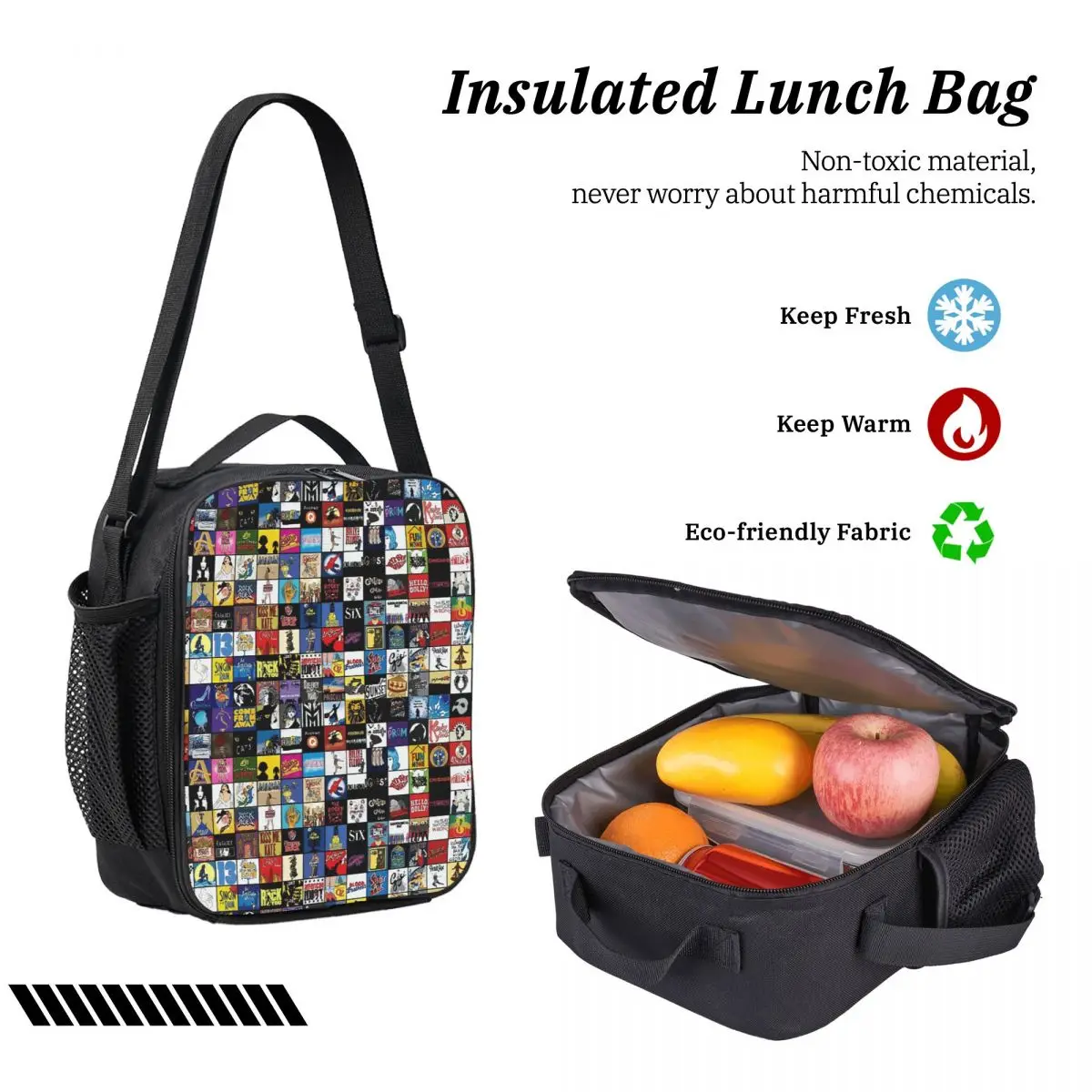 Broadway Musical Theatre Logos Hand Drawn Backpack Student Boys Girls BookBag School Bag 3ps Insulated Lunch Bag Pencil Case