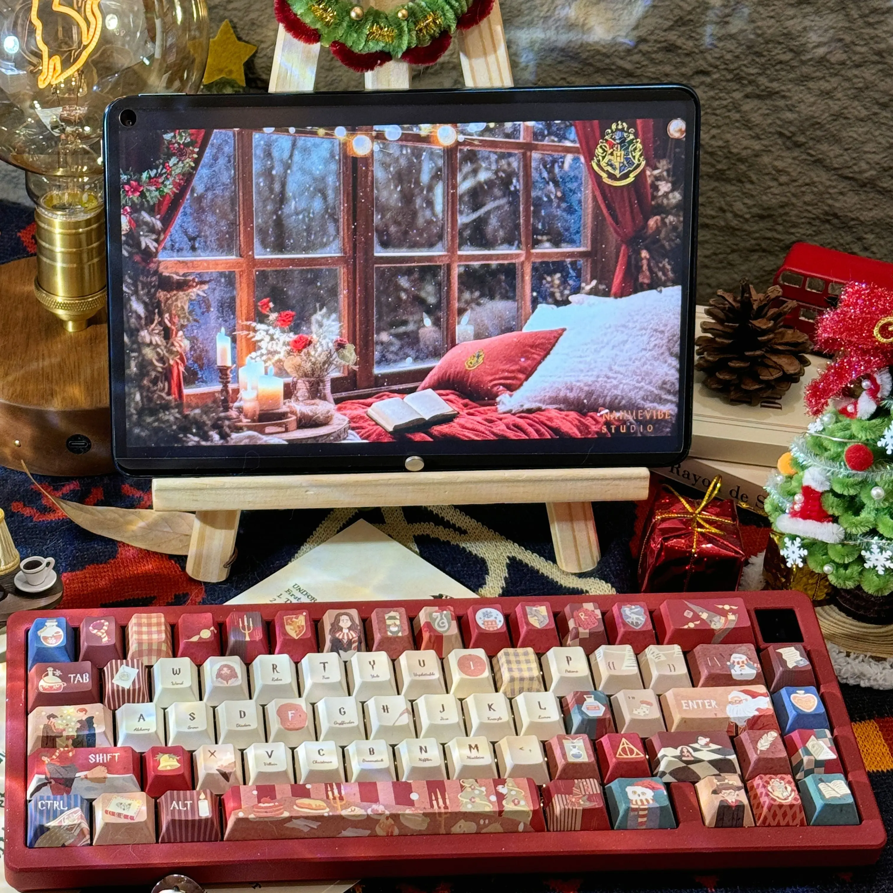 Keycaps-Hogwarts Christmas Eve So Cherry Pbt 137/143 Keys Wine Red Retro Movie Sense Keycaps