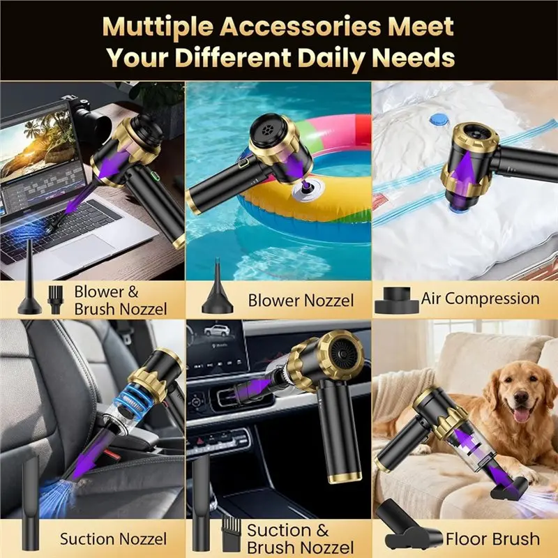 ABBZ-Car Vacuum ポータブルコードレスハンドヘルド掃除機、16000PAの強力な吸引力、7In1エアダスター/ブロワー、車、家庭、ペット用