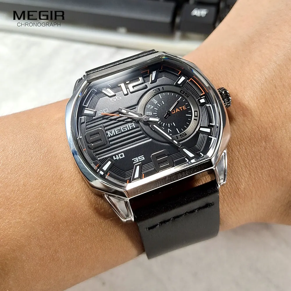 MEGIR Sport Watches for Men Fashion Octagon Dial Quartz Watch with Auto Date Leather Strap Luminous Wristwatch часы Silver black