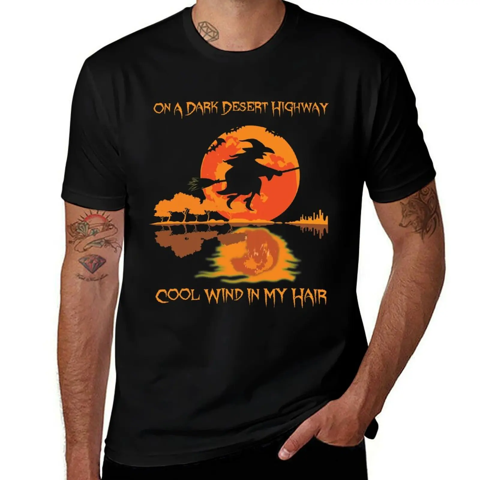 

Halloween On A Dark Desert Highway Cool Wind In My Hair T-Shirt Work Basic Short Sleeve Top