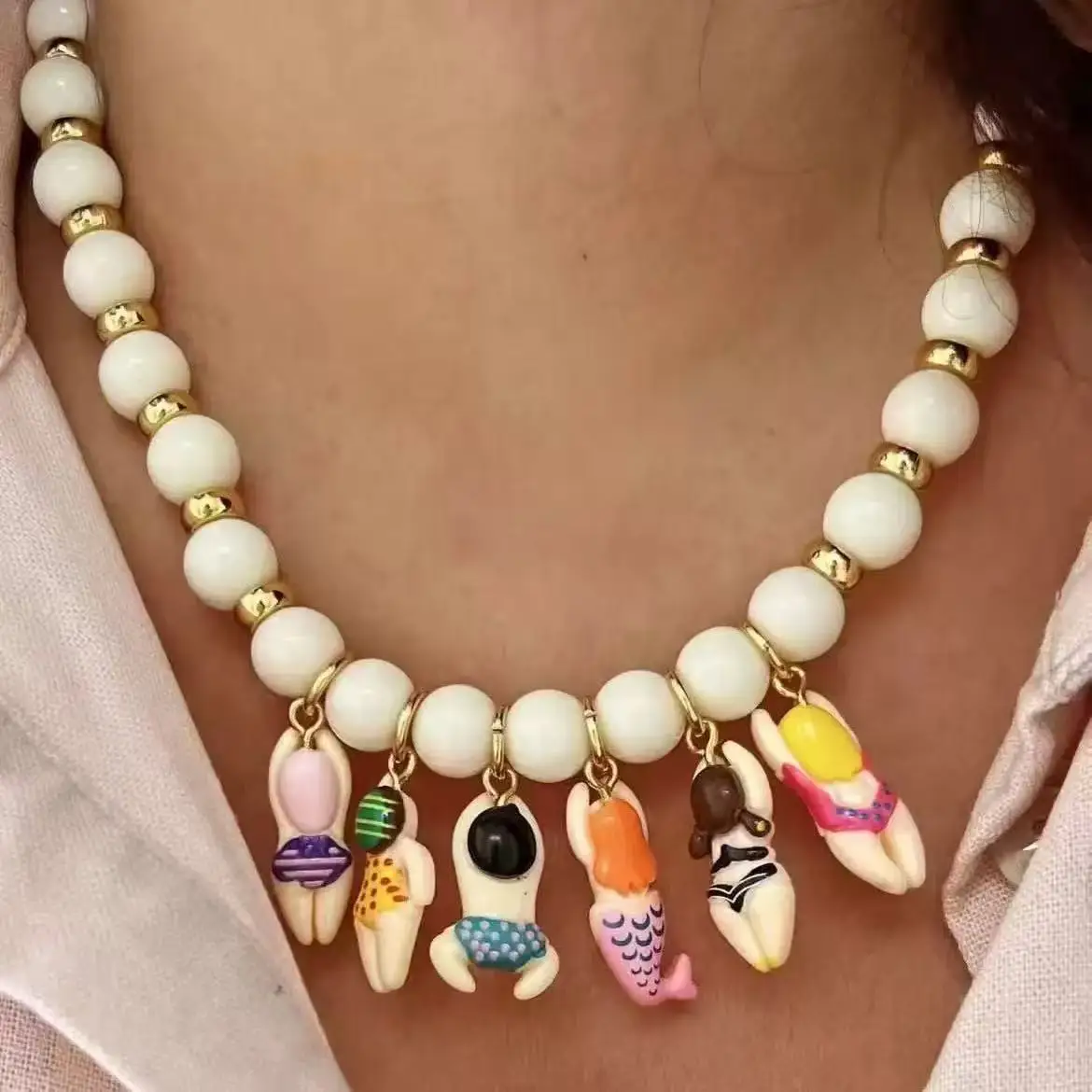 Summer Cute Cartoon Bikini Doll Necklace Imitation Stone Adjustment Neck Chain Gift Handmade Beads Chain Necklace Accessories
