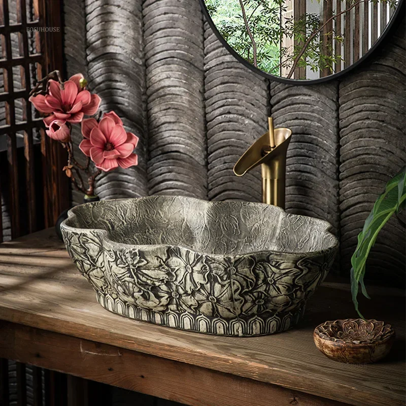 Ceramic Bathroom Sinks Art Countertop Sinks Hotel Antique Washbasin  Special-shaped Deepened Wash Basin Creative Retro Basin X