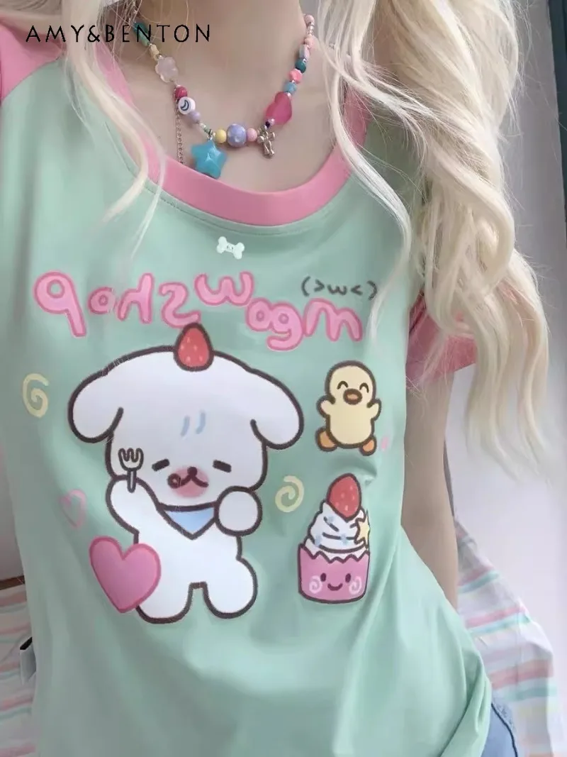 

2025 New Japanese Summer Green Splicing Pink Shoulder Sleeve Short Sleeve T-shirt Cute Cartoon Sweet Top For Women