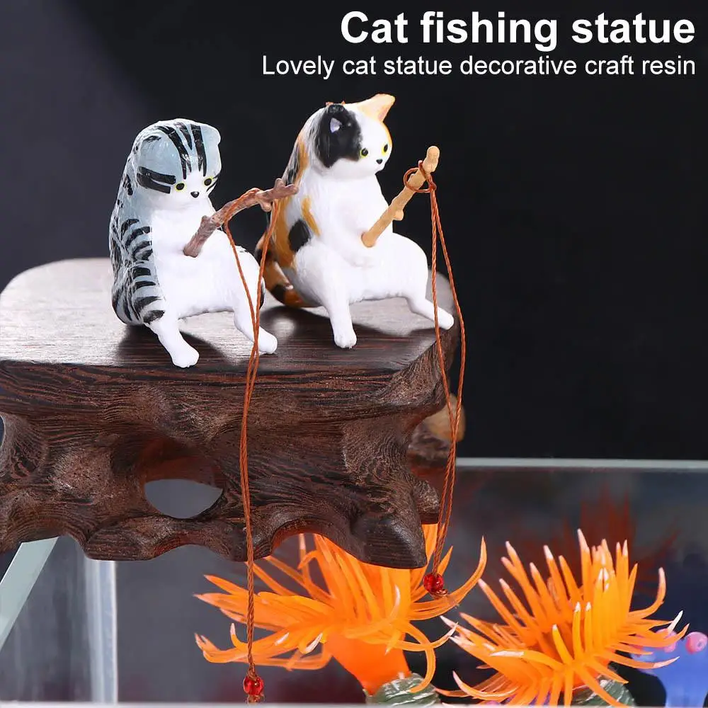 Easy Use Bonsai Plant Pot Aquarium Tanks Decor Cat Statue Miniature Figurines Kitten Fishing Ornament Fish Tank Ornaments